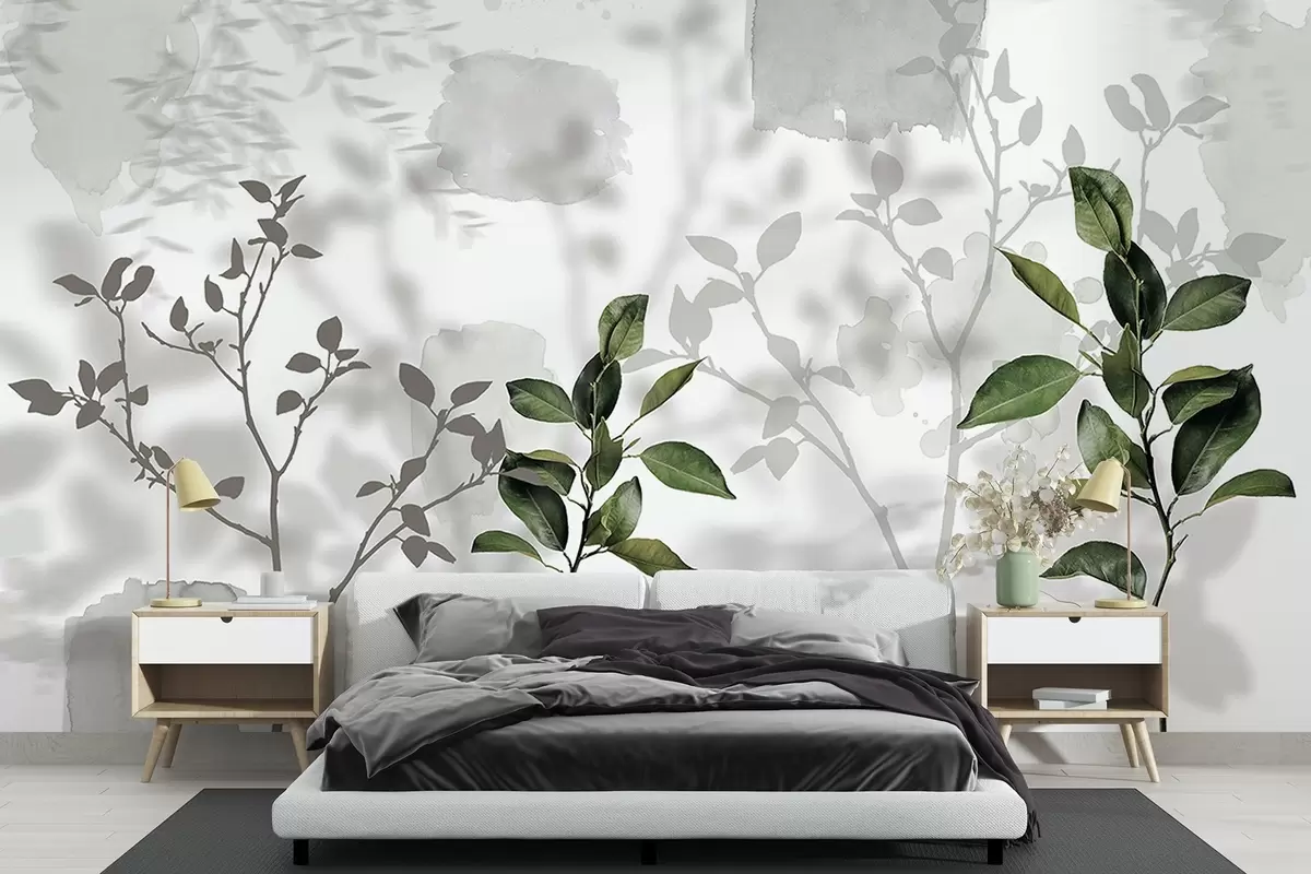 wall murals Lemon tree leaves, tree branches shadows, nature, watercolor, green w03910v1