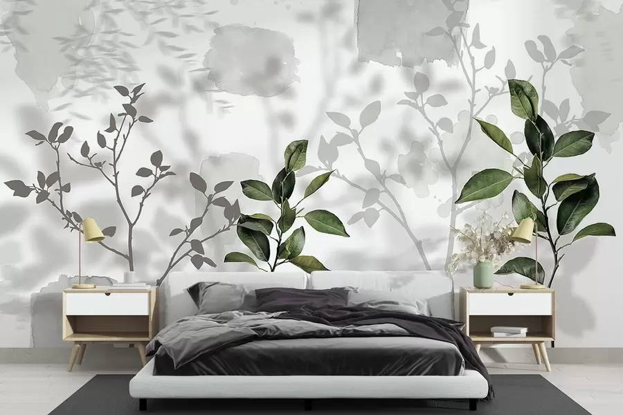 wall murals Lemon tree leaves, tree branches shadows, nature, watercolor, green w03910v1