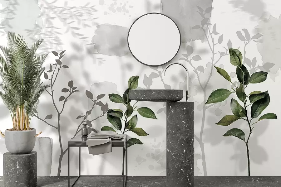 wall murals Lemon tree leaves, tree branches shadows, nature, watercolor, green w03910v1