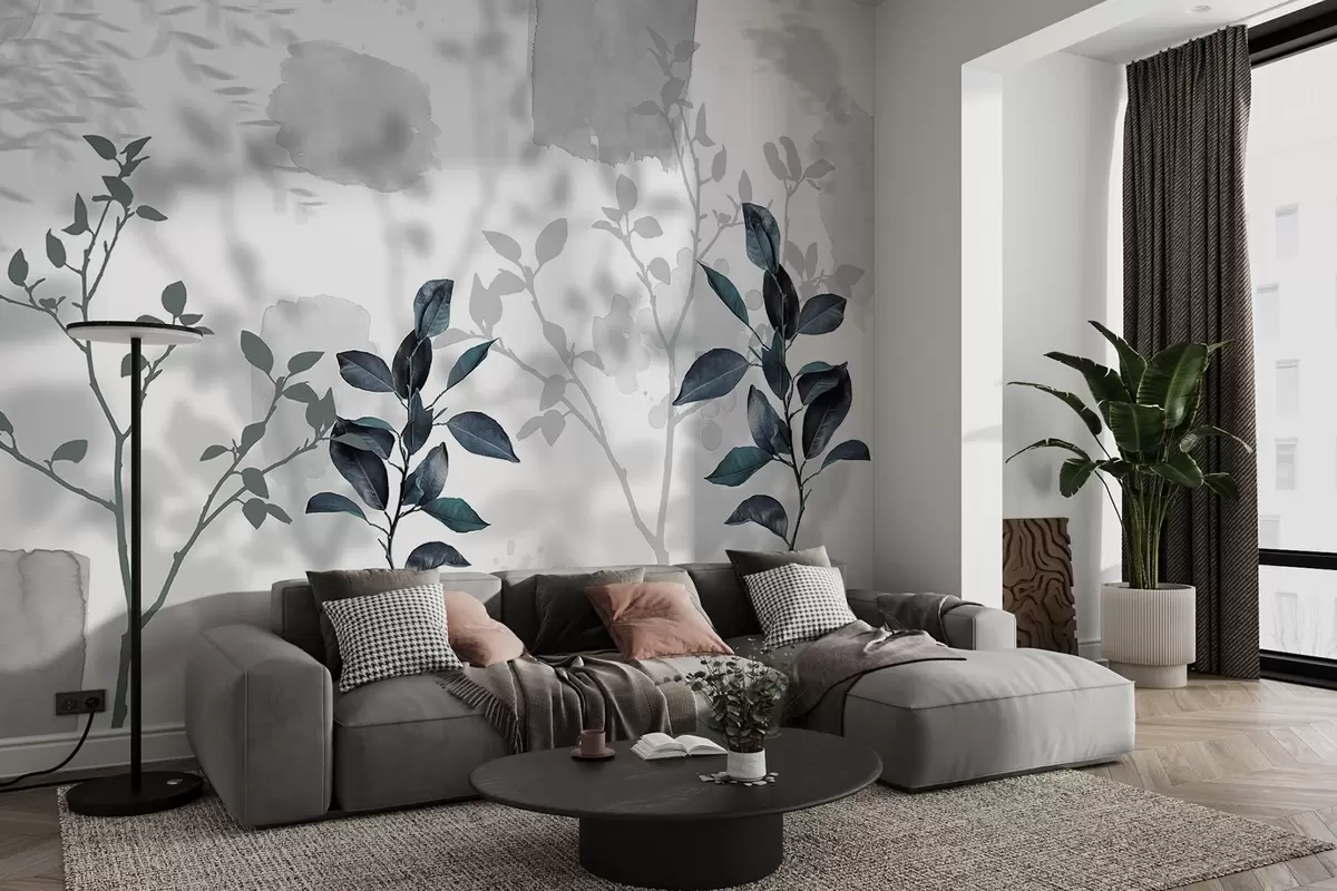 wall murals Lemon tree leaves, tree branches shadows, nature, watercolor, blue w03910v2