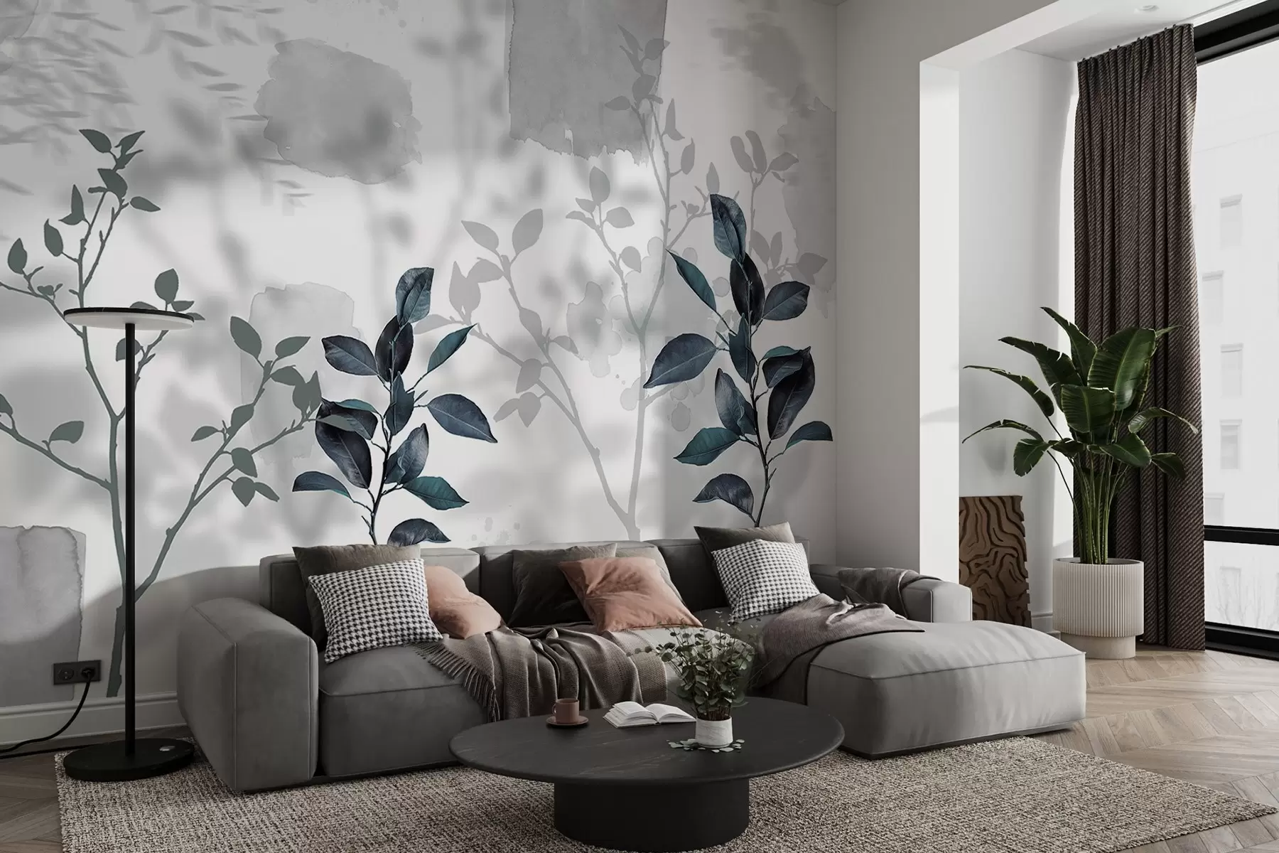 wall murals Lemon tree leaves, tree branches shadows, nature, watercolor, blue w03910v2