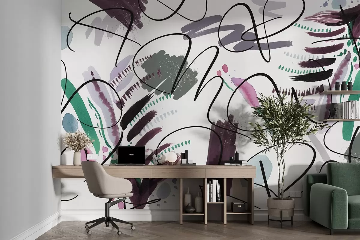 wall murals Ink letters, calligraphy, brush strokes, pastel colors, abstraction w03912v1