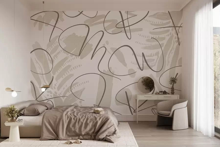 wall murals Calligraphic abstraction with letters, brush strokes, beige color w03913
