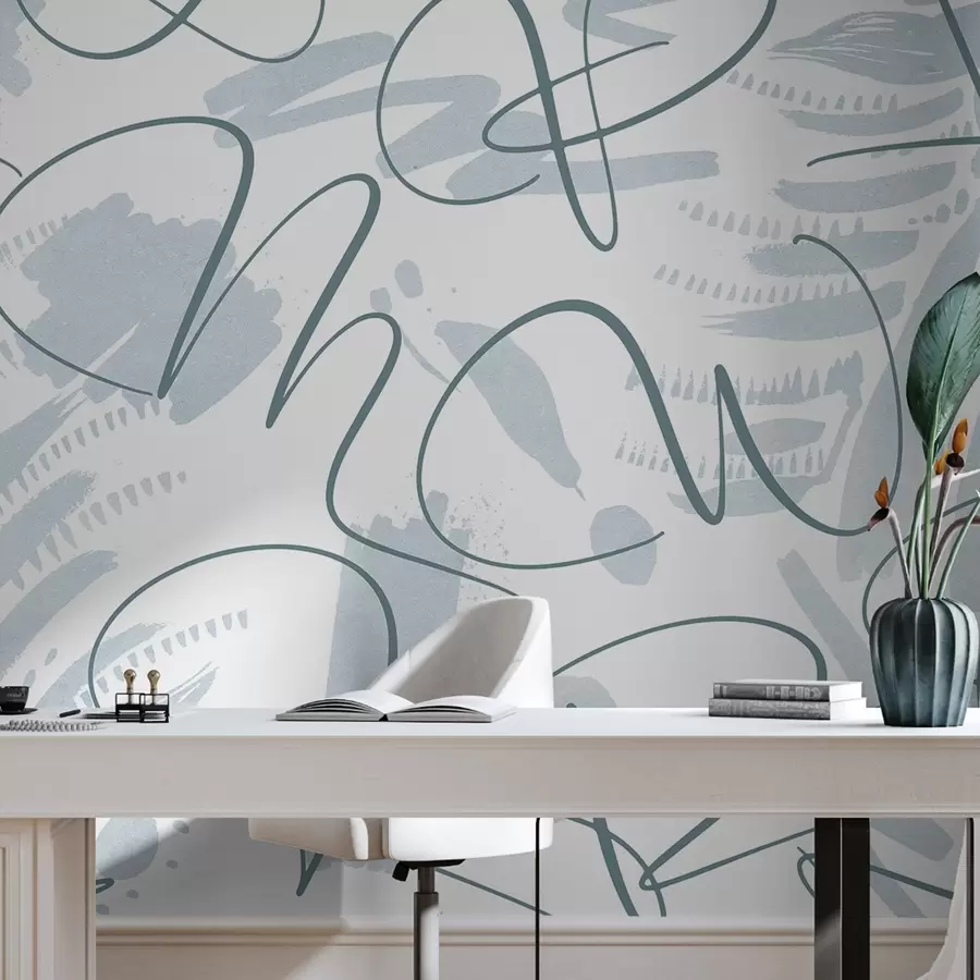 wall murals Calligraphic abstraction with letters, brush strokes, blue color w03913v1