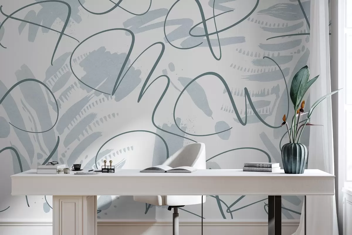 wall murals Calligraphic abstraction with letters, brush strokes, blue color w03913v1