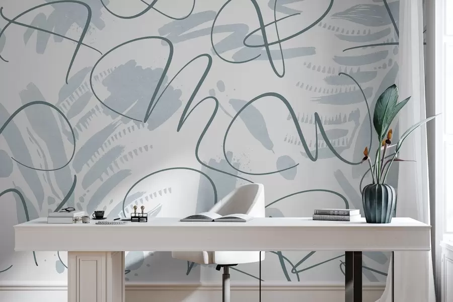 wall murals Calligraphic abstraction with letters, brush strokes, blue color w03913v1