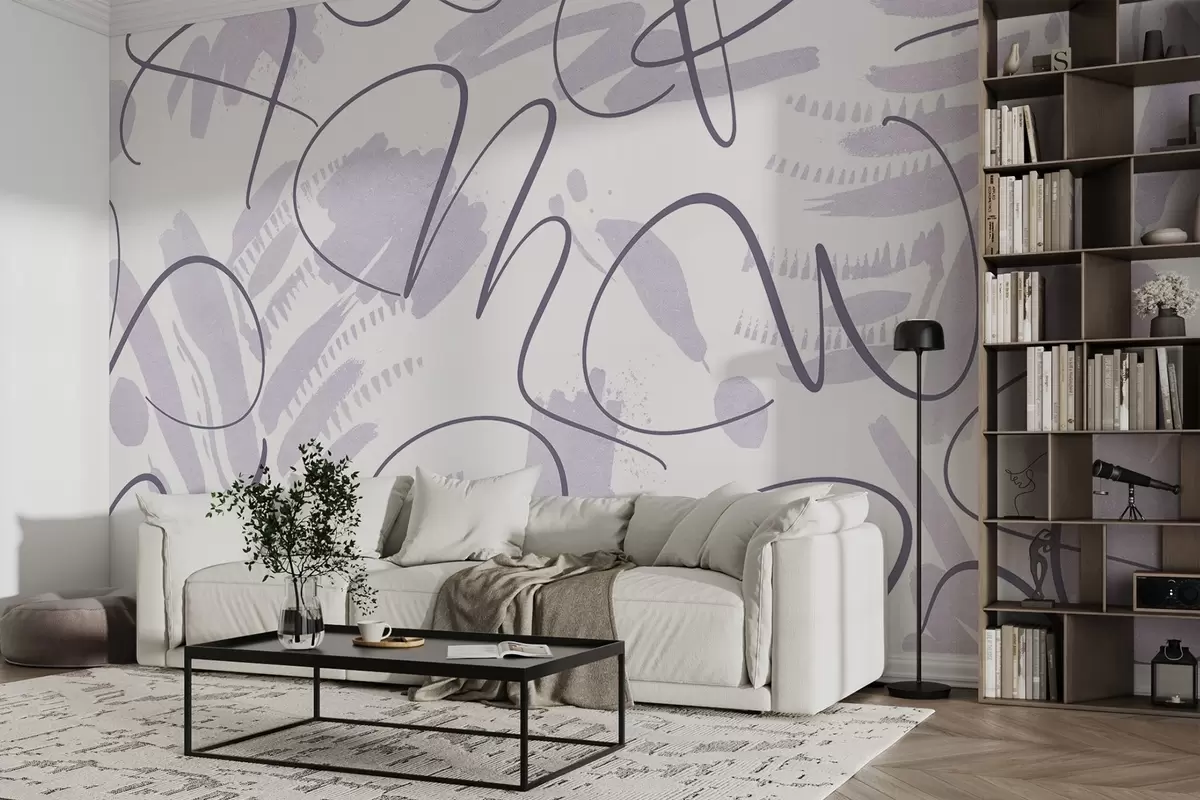wall murals Calligraphic abstraction with letters, brush strokes, purple color w03913v2