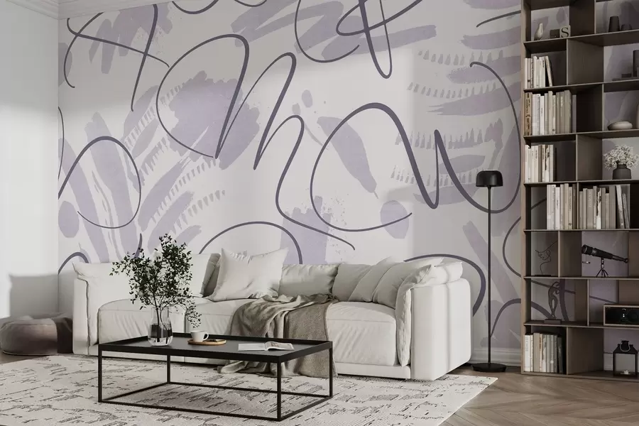 wall murals Calligraphic abstraction with letters, brush strokes, purple color w03913v2