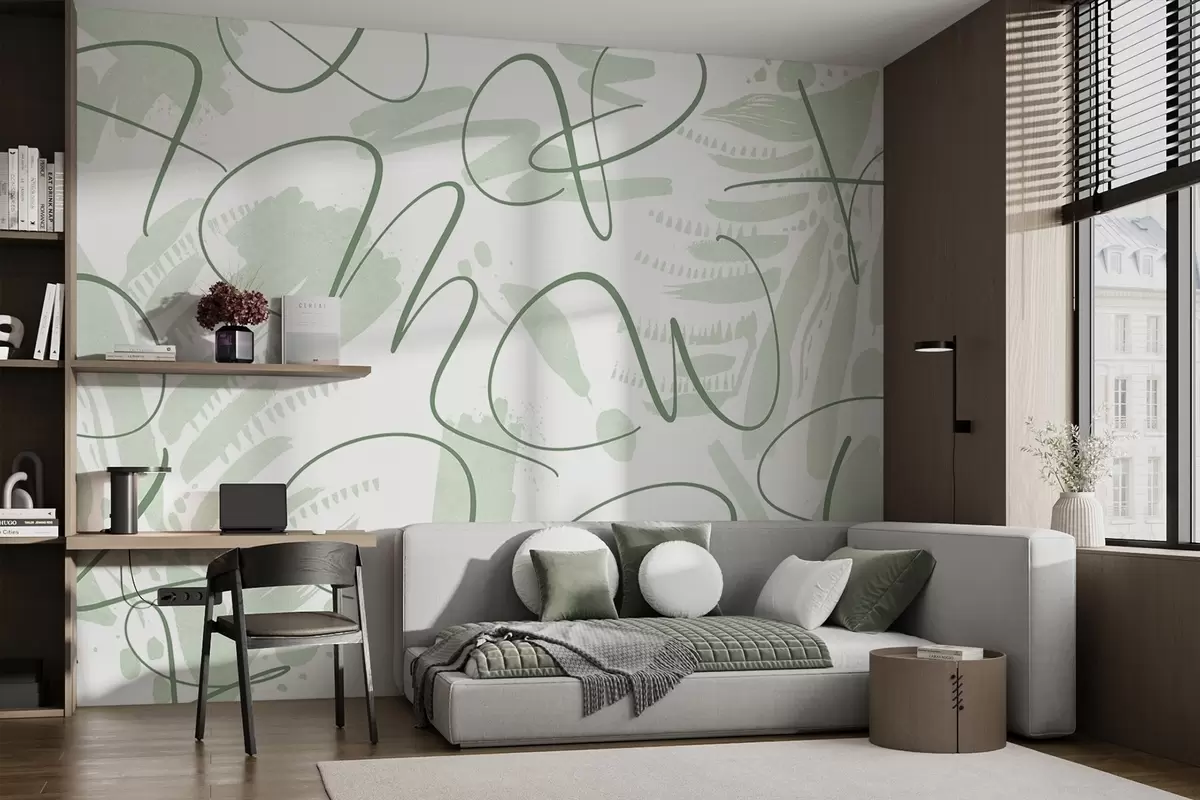 wall murals Calligraphic abstraction with letters, brush strokes, green color w03913v3