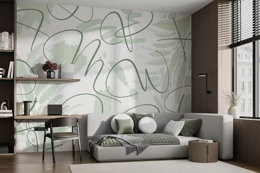 wall murals Calligraphic abstraction with letters, brush strokes, green color w03913v3