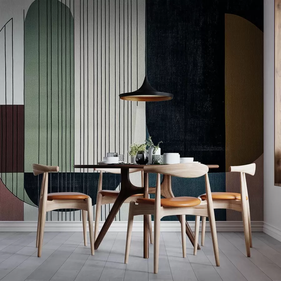 wall murals modern abstract geometric composition with overlapping shapes and vertical line patterns, thin lines filling trapezoids and ovals, soft textile texture overlay, warm muted tones like olive green, taupe, beige and charcoal, subtle transparency effects between shapes w03937