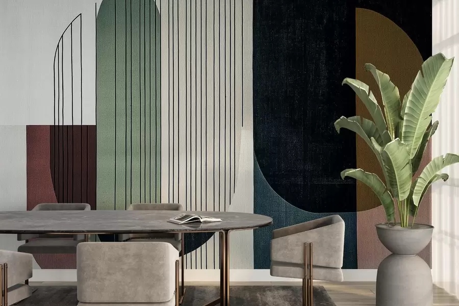 wall murals modern abstract geometric composition with overlapping shapes and vertical line patterns, thin lines filling trapezoids and ovals, soft textile texture overlay, warm muted tones like olive green, taupe, beige and charcoal, subtle transparency effects between shapes w03937