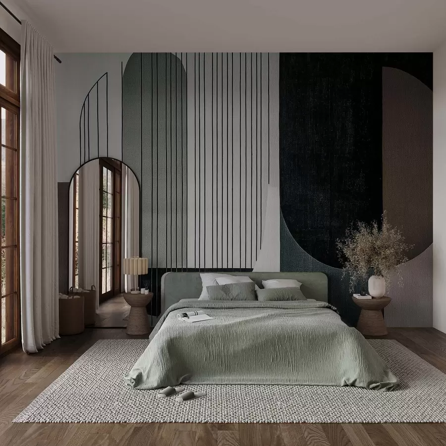 wall murals modern abstract geometric composition with overlapping shapes and vertical line patterns, thin lines filling trapezoids and ovals, soft textile texture overlay, warm muted tones like olive green, taupe, beige and charcoal, subtle transparency effects between shapes w03937v1