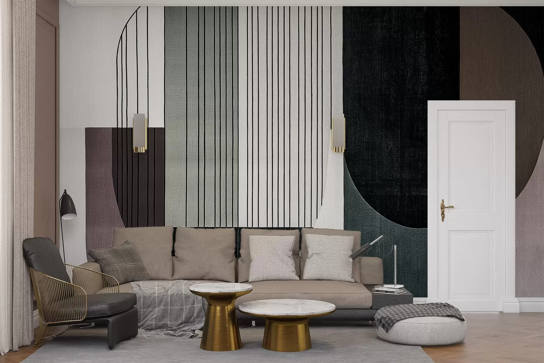 wall murals modern abstract geometric composition with overlapping shapes and vertical line patterns, thin lines filling trapezoids and ovals, soft textile texture overlay, warm muted tones like olive green, taupe, beige and charcoal, subtle transparency effects between shapes w03937v1
