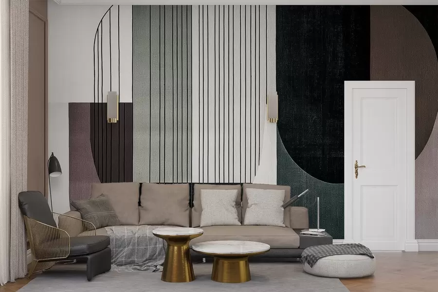 wall murals modern abstract geometric composition with overlapping shapes and vertical line patterns, thin lines filling trapezoids and ovals, soft textile texture overlay, warm muted tones like olive green, taupe, beige and charcoal, subtle transparency effects between shapes w03937v1