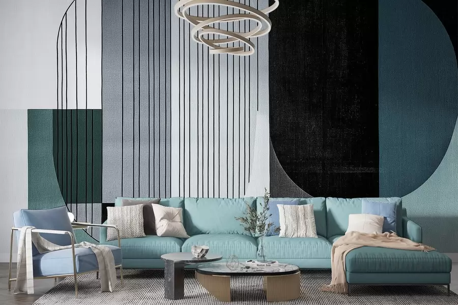 wall murals modern abstract geometric composition with overlapping shapes and vertical line patterns, thin lines filling trapezoids and ovals, soft textile texture overlay, warm muted tones like olive green, taupe, beige and charcoal, subtle transparency effects between shapes w03937v2
