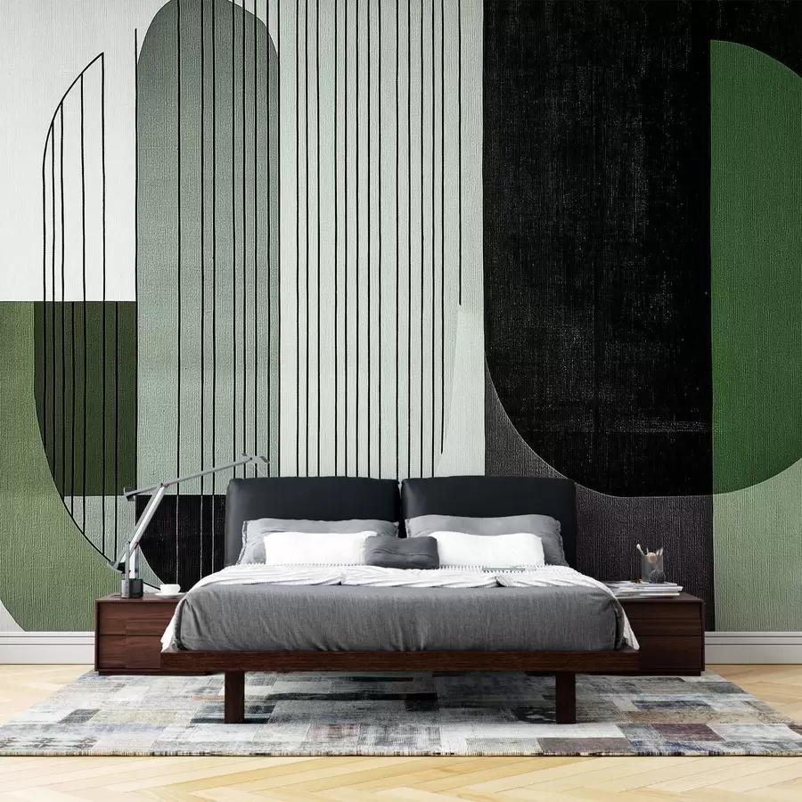 wall murals modern abstract geometric composition with overlapping shapes and vertical line patterns, thin lines filling trapezoids and ovals, soft textile texture overlay, warm muted tones like olive green, taupe, beige and charcoal, subtle transparency effects between shapes w03937v3