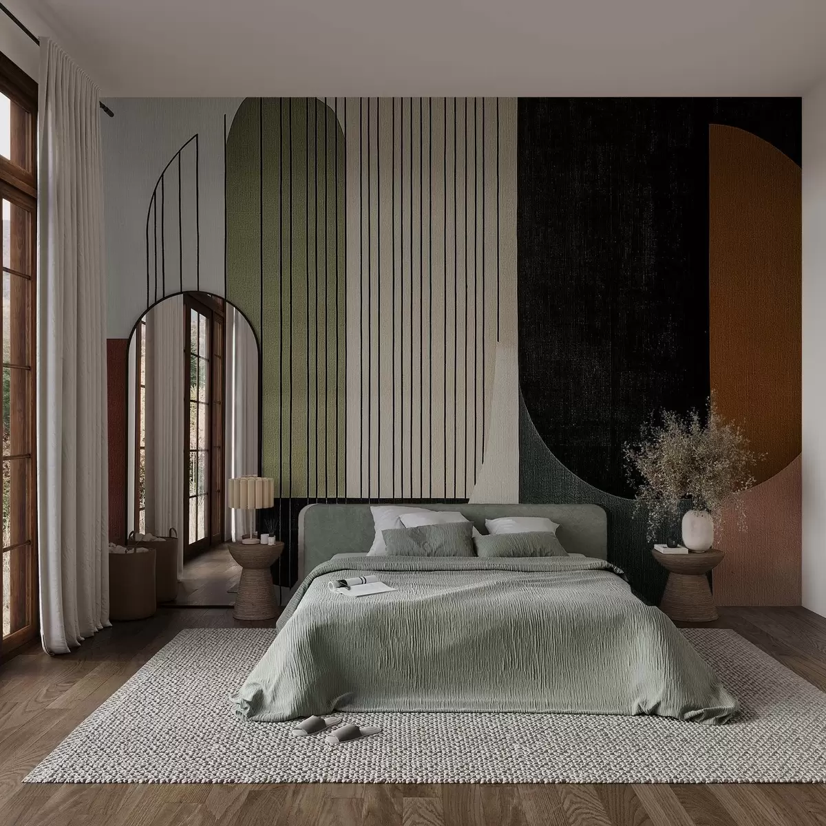 wall murals modern abstract geometric composition with overlapping shapes and vertical line patterns, thin lines filling trapezoids and ovals, soft textile texture overlay, warm muted tones like olive green, taupe, beige and charcoal, subtle transparency effects between shapes w03937v4