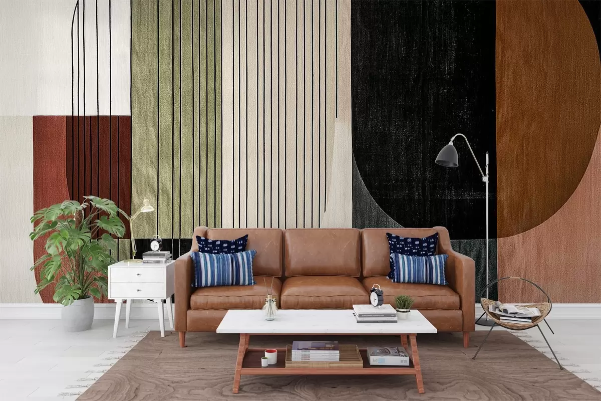 wall murals modern abstract geometric composition with overlapping shapes and vertical line patterns, thin lines filling trapezoids and ovals, soft textile texture overlay, warm muted tones like olive green, taupe, beige and charcoal, subtle transparency effects between shapes w03937v4