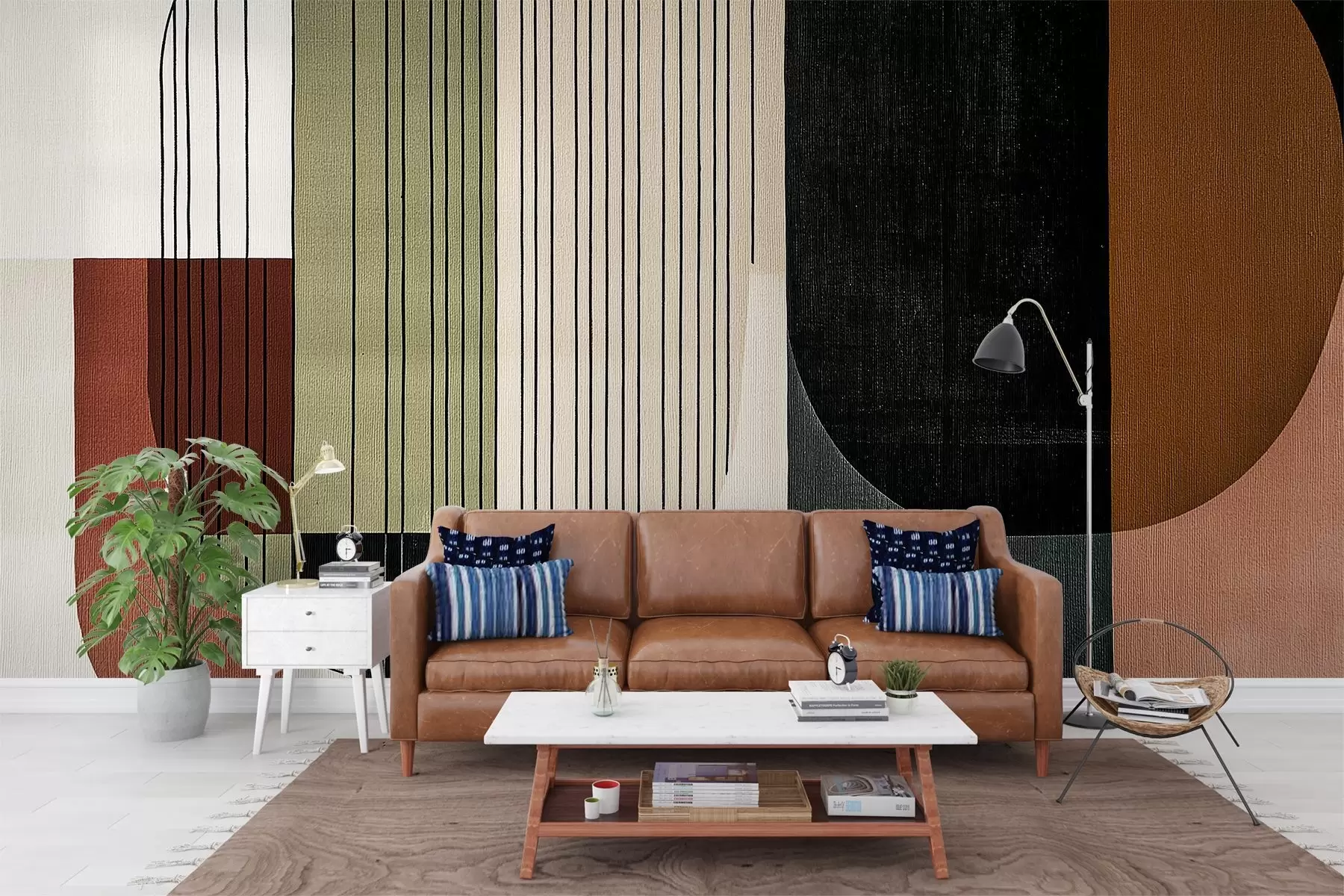 wall murals modern abstract geometric composition with overlapping shapes and vertical line patterns, thin lines filling trapezoids and ovals, soft textile texture overlay, warm muted tones like olive green, taupe, beige and charcoal, subtle transparency effects between shapes w03937v4