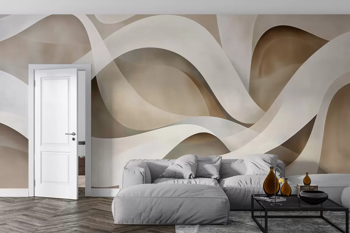 wall murals abstract minimalist composition of layered organic shapes, each outlined with a soft white edge, filled with dense internal linear strokes, like fabric or paper texture, flowing curves in neutral beige, sand, stone and ivory tones, embossed appearance w03940