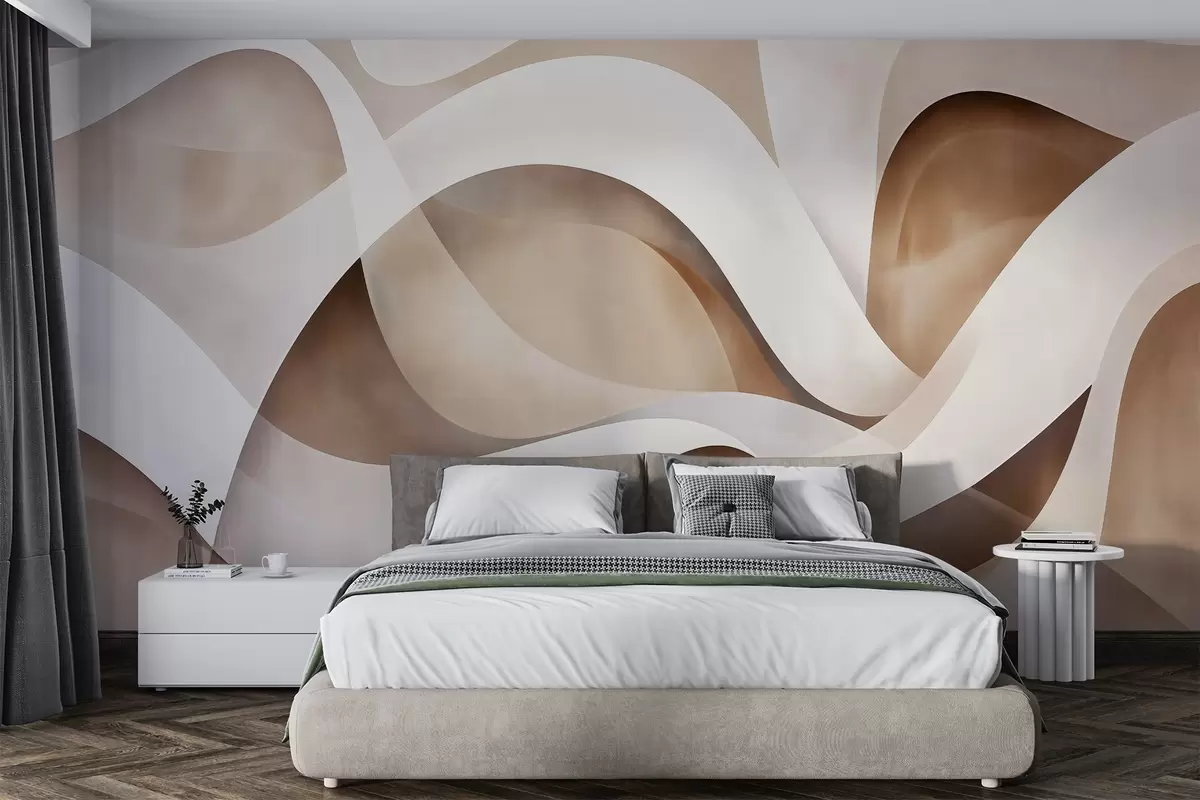wall murals abstract minimalist composition of layered organic shapes, each outlined with a soft white edge, filled with dense internal linear strokes, like fabric or paper texture, flowing curves in neutral beige, sand, stone and ivory tones, embossed appearance w03940v1