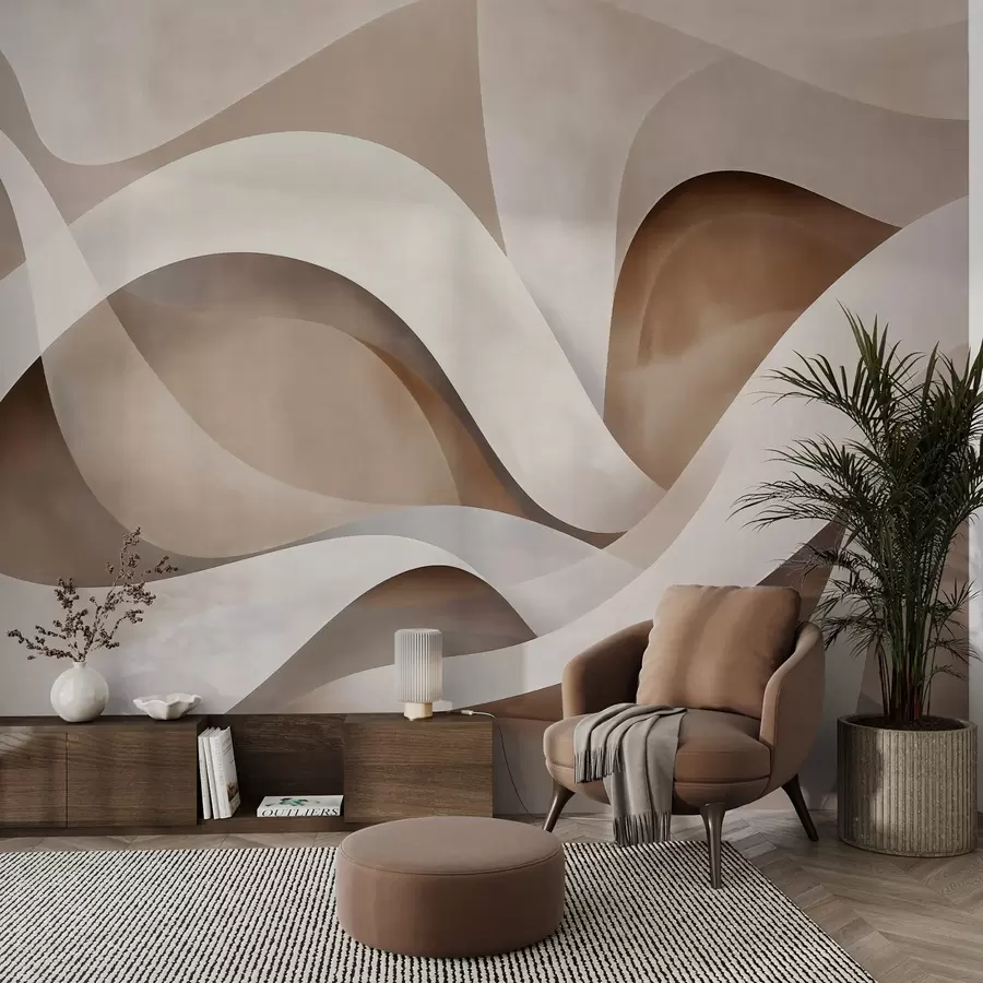 wall murals abstract minimalist composition of layered organic shapes, each outlined with a soft white edge, filled with dense internal linear strokes, like fabric or paper texture, flowing curves in neutral beige, sand, stone and ivory tones, embossed appearance w03940v1