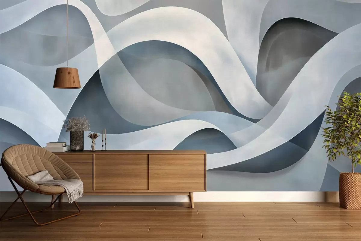 wall murals abstract minimalist composition of layered organic shapes, each outlined with a soft white edge, filled with dense internal linear strokes, like fabric or paper texture, flowing curves in neutral beige, sand, stone and ivory tones, embossed appearance w03940v2