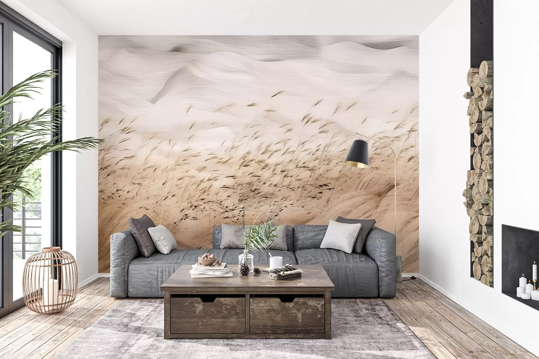 wall murals abstract wind-blown grass fields in beige and stone tones, ink sketch lines with textured paper background, nordic countryside calm w03941