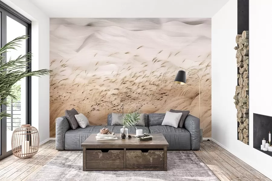 wall murals abstract wind-blown grass fields in beige and stone tones, ink sketch lines with textured paper background, nordic countryside calm w03941