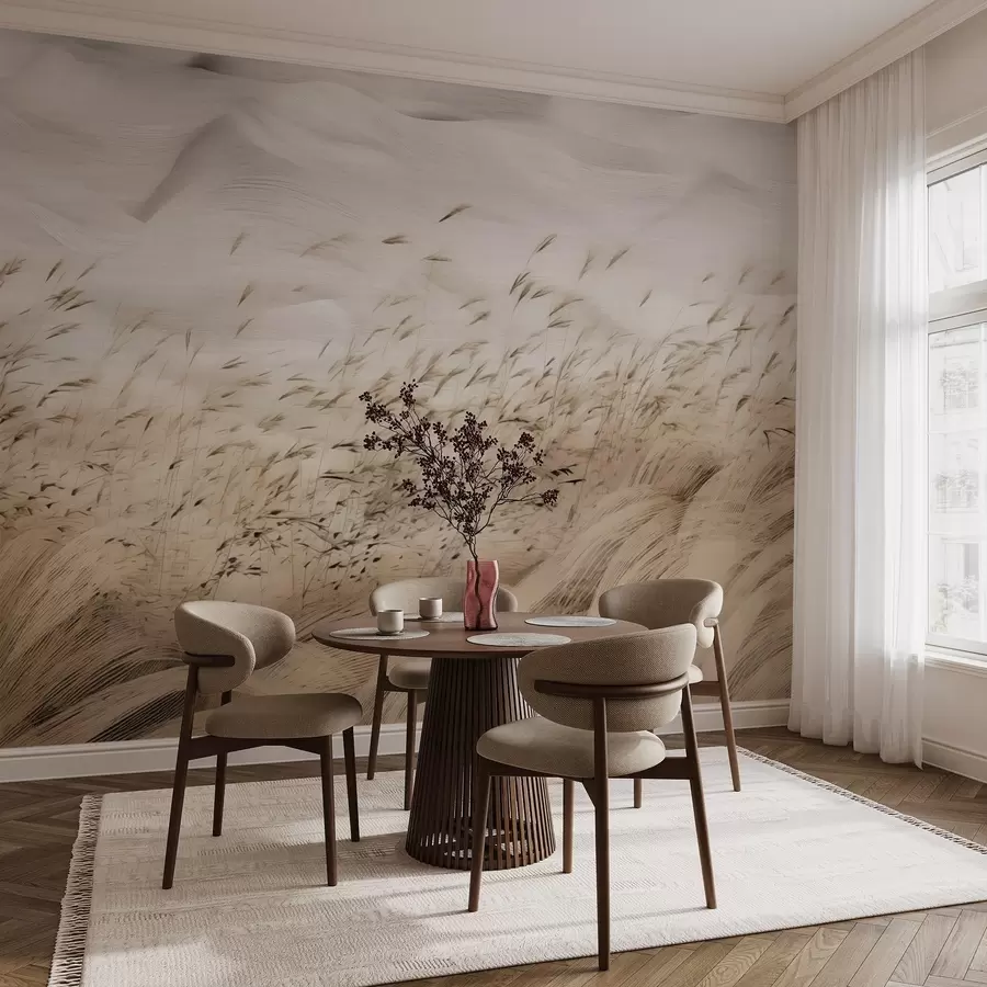 wall murals abstract wind-blown grass fields in beige and stone tones, ink sketch lines with textured paper background, nordic countryside calm w03941