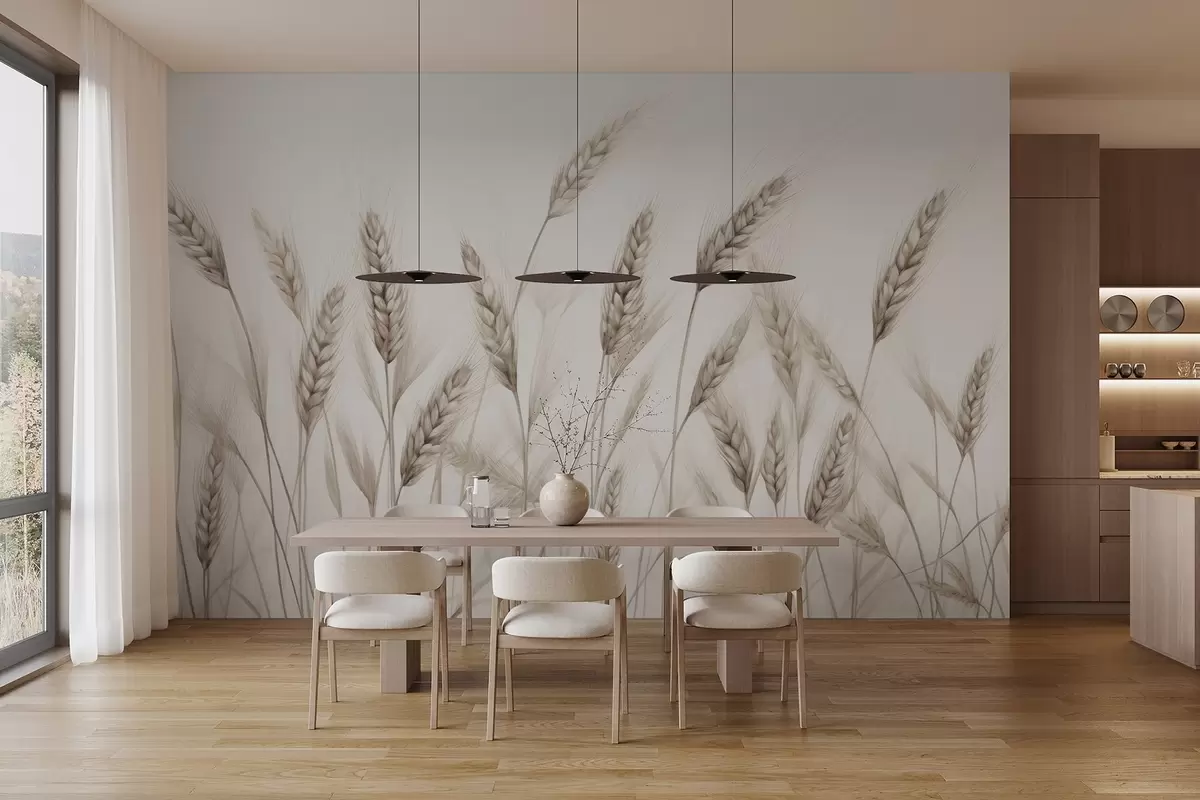 wall murals delicate botanical illustration of wheat stalks, hand-drawn style, fine lines with pastel chalk texture, soft sepia and earthy brown tones, white background, symmetrical elegant composition, natural sketch aesthetic w03943v1