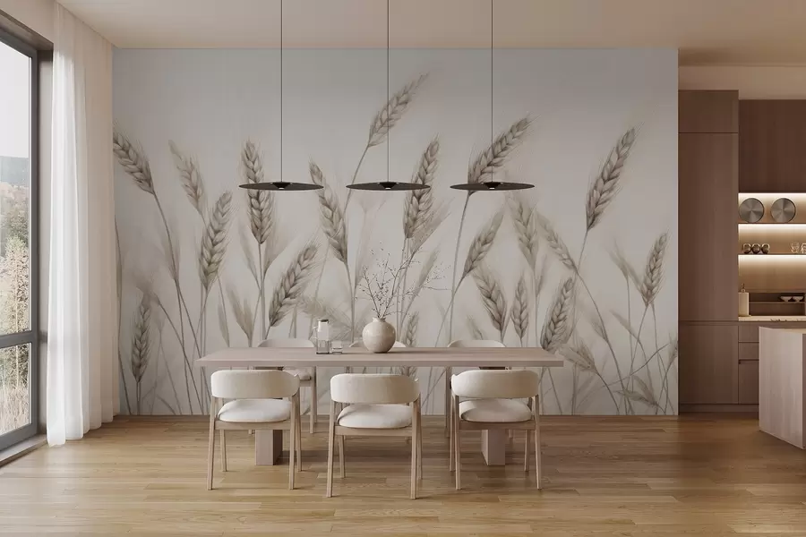 wall murals delicate botanical illustration of wheat stalks, hand-drawn style, fine lines with pastel chalk texture, soft sepia and earthy brown tones, white background, symmetrical elegant composition, natural sketch aesthetic w03943v1