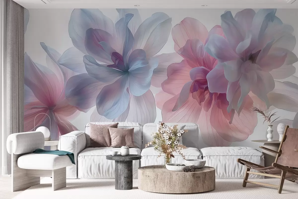 wall murals hyper-realistic pastel flowers floating in white space, delicate petals, ethereal lighting, detailed botanical artwork, w03946