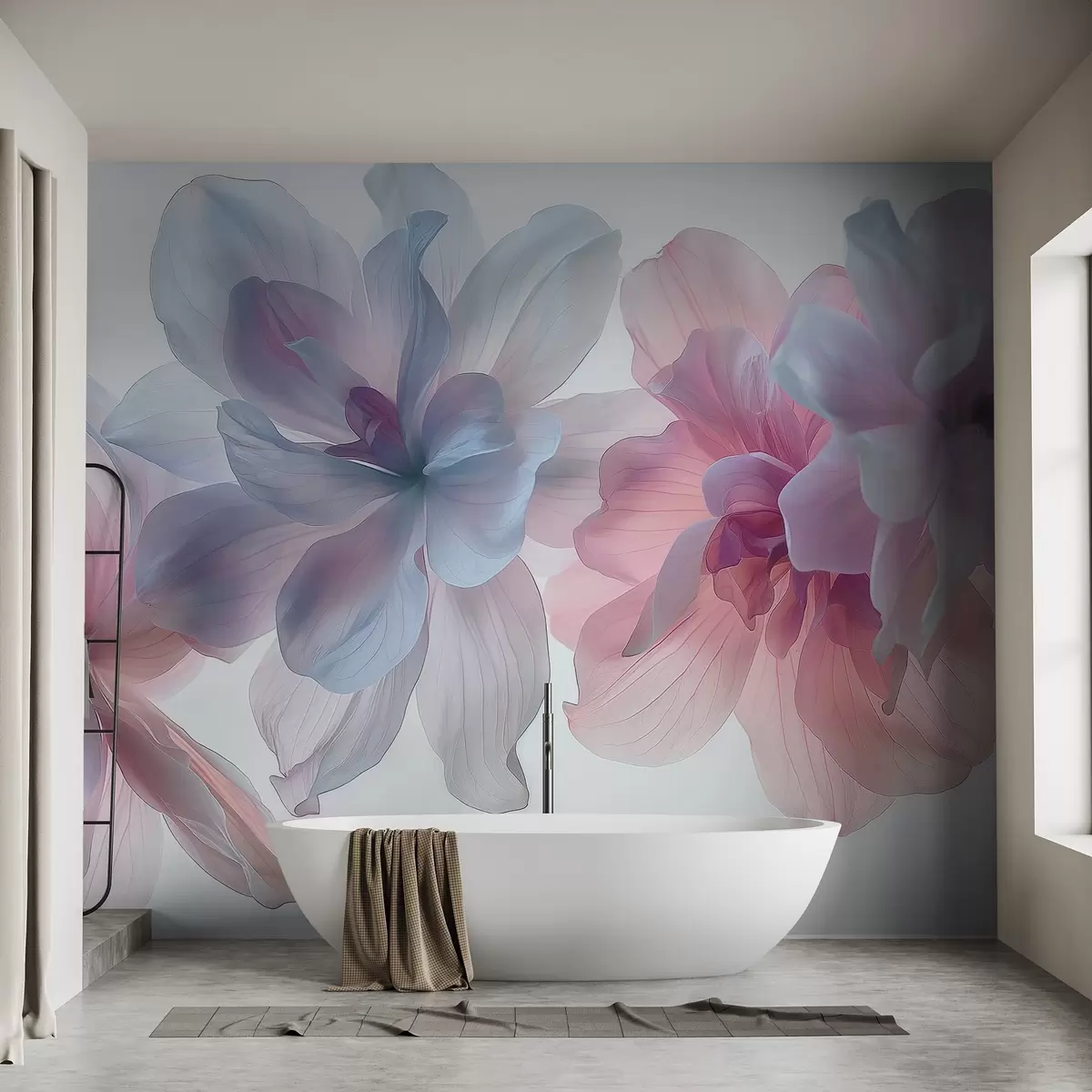wall murals hyper-realistic pastel flowers floating in white space, delicate petals, ethereal lighting, detailed botanical artwork, w03946