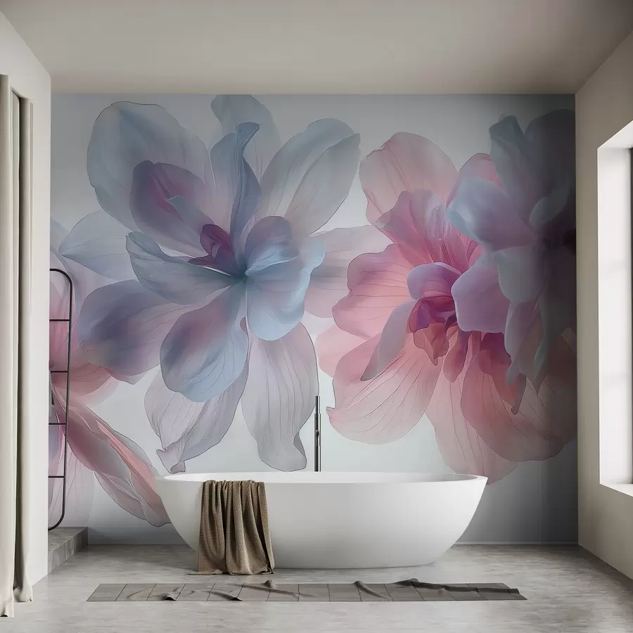 wall murals hyper-realistic pastel flowers floating in white space, delicate petals, ethereal lighting, detailed botanical artwork, w03946