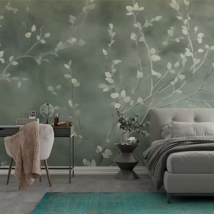 wall murals minimalist hand-painted wallpaper design of soft white tree branches with delicate leaves, branching organically across a muted sage green background, fine botanical linework in natural flow w03949