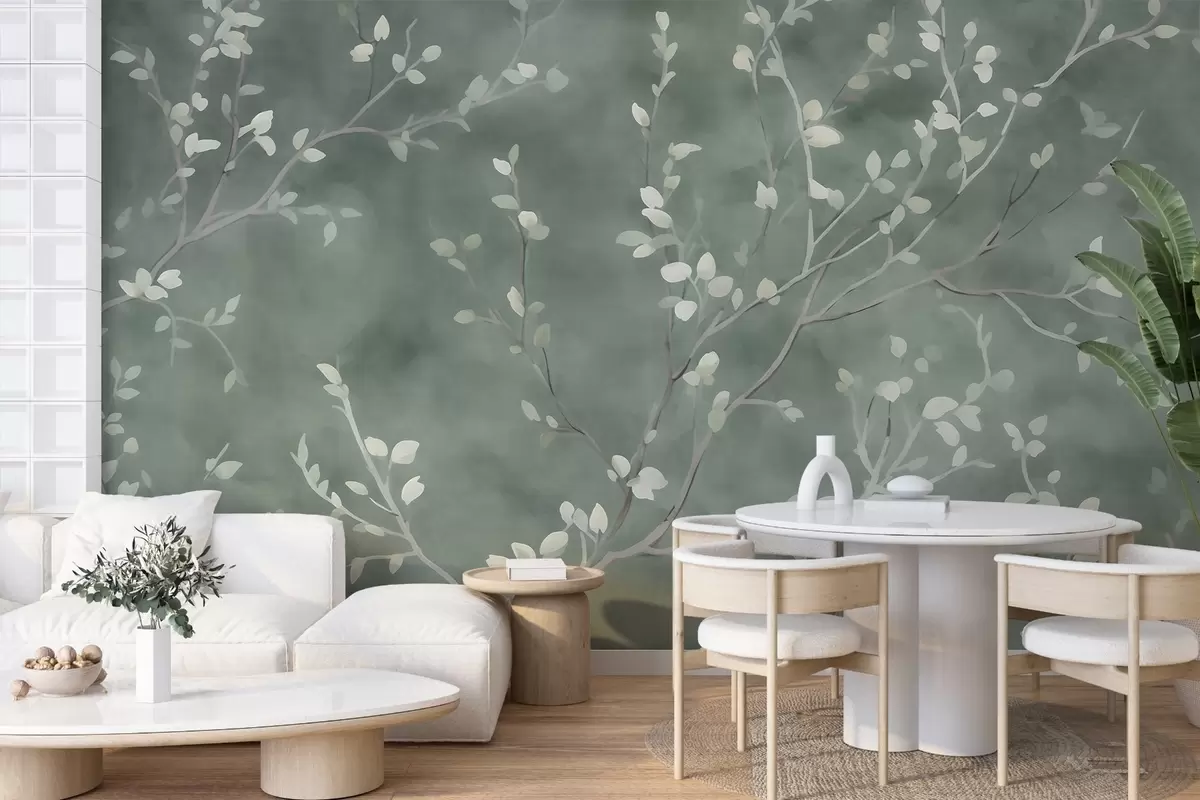 wall murals minimalist hand-painted wallpaper design of soft white tree branches with delicate leaves, branching organically across a muted sage green background, fine botanical linework in natural flow w03949