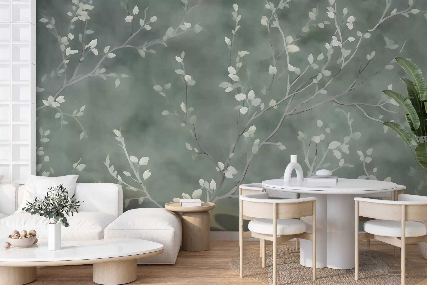 wall murals minimalist hand-painted wallpaper design of soft white tree branches with delicate leaves, branching organically across a muted sage green background, fine botanical linework in natural flow w03949