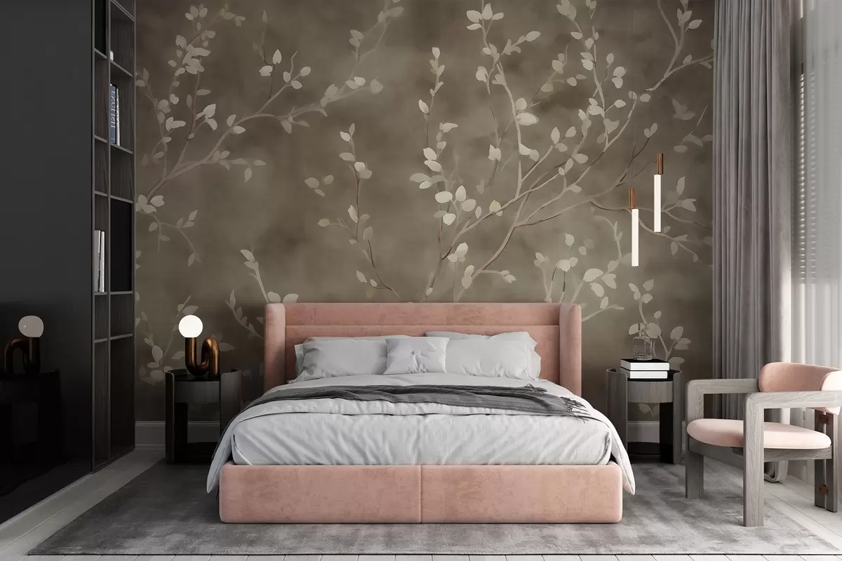 wall murals minimalist hand-painted wallpaper design of soft white tree branches with delicate leaves, branching organically across a muted sage green background, fine botanical linework in natural flow w03949v1