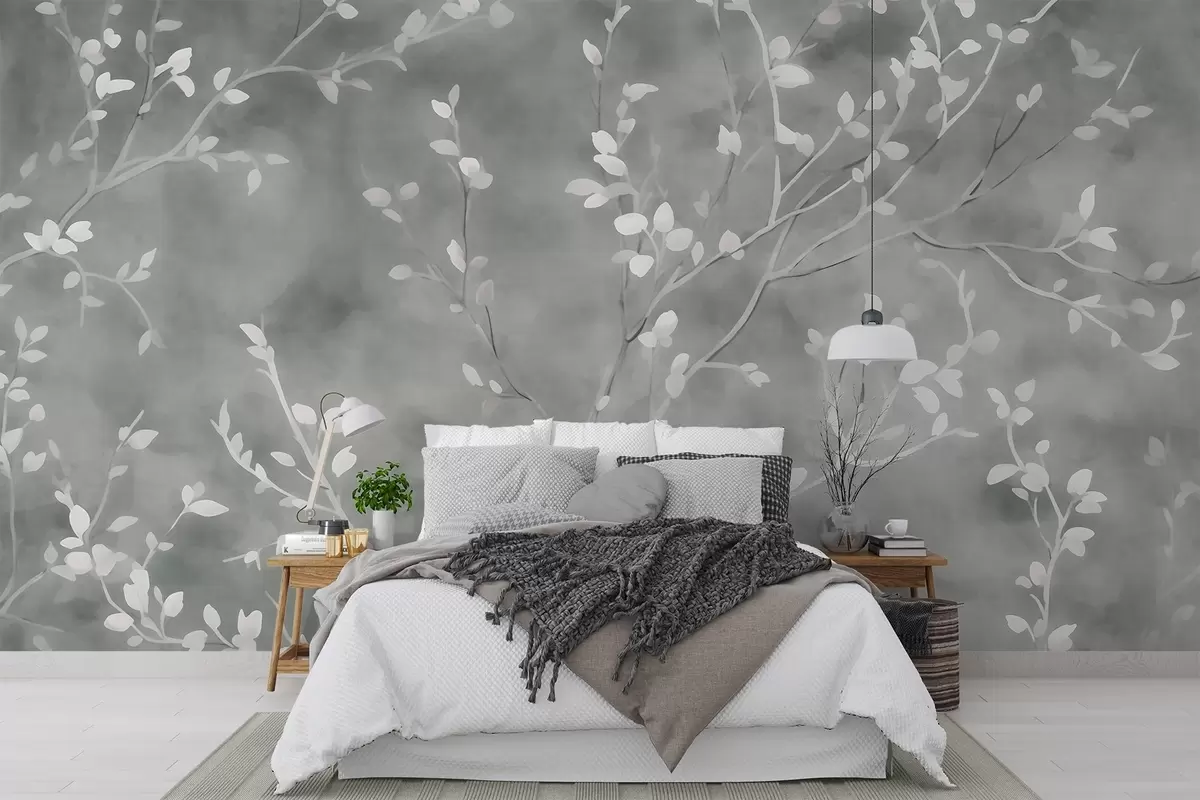 wall murals minimalist hand-painted wallpaper design of soft white tree branches with delicate leaves, branching organically across a muted sage green background, fine botanical linework in natural flow w03949v2