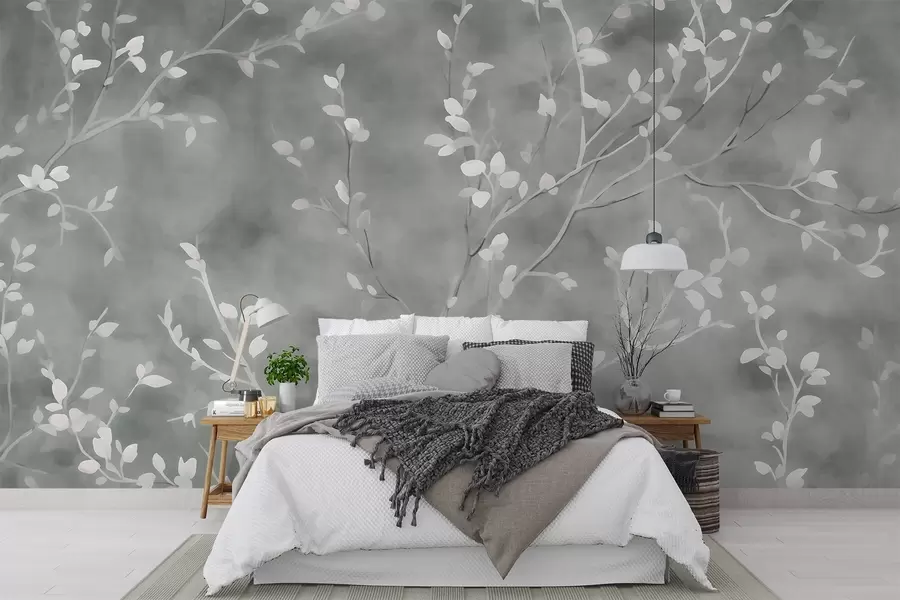 wall murals minimalist hand-painted wallpaper design of soft white tree branches with delicate leaves, branching organically across a muted sage green background, fine botanical linework in natural flow w03949v2