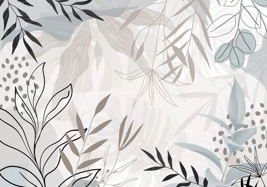 wall murals Abstract floral modern design with pastel beige, gray, blue and black leaves, delicate line art and soft background  w09105