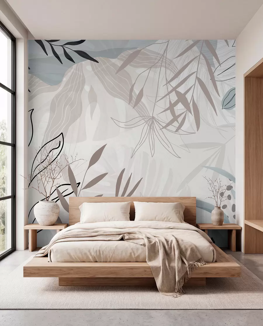 wall murals Abstract floral modern design with pastel beige, gray, blue and black leaves, delicate line art and soft background  w09105