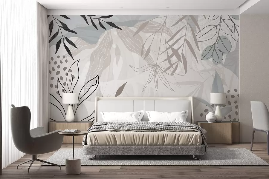 wall murals Abstract floral modern design with pastel beige, gray, blue and black leaves, delicate line art and soft background  w09105