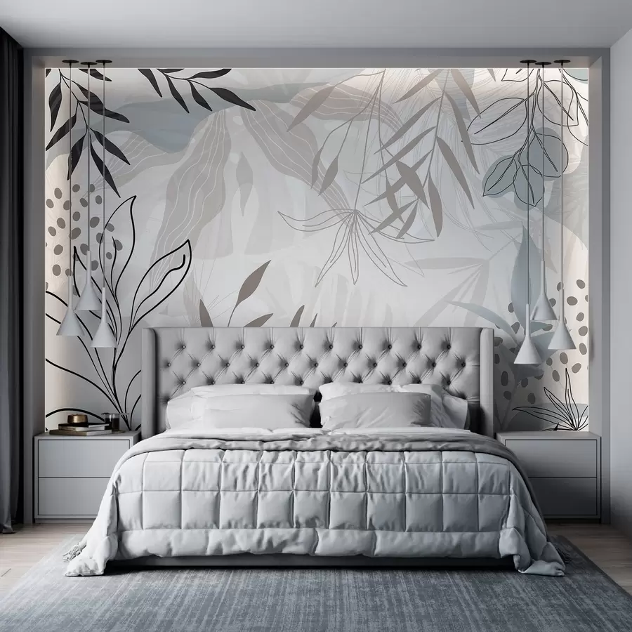 wall murals Abstract floral modern design with pastel beige, gray, blue and black leaves, delicate line art and soft background  w09105