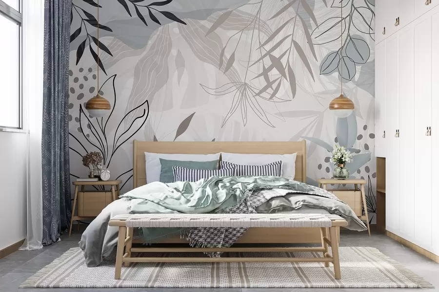 wall murals Abstract floral modern design with pastel beige, gray, blue and black leaves, delicate line art and soft background  w09105