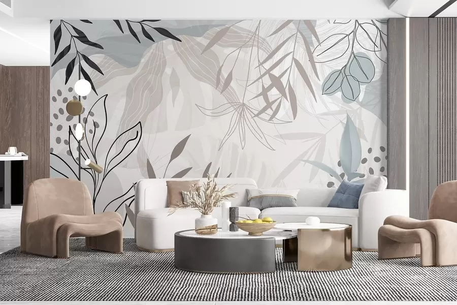 wall murals Abstract floral modern design with pastel beige, gray, blue and black leaves, delicate line art and soft background  w09105