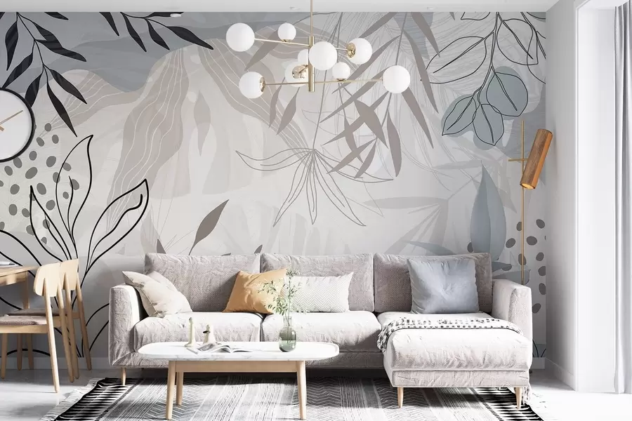wall murals Abstract floral modern design with pastel beige, gray, blue and black leaves, delicate line art and soft background  w09105