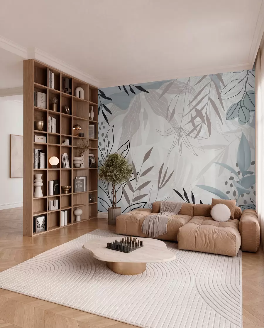 wall murals Abstract floral modern design with pastel beige, gray, blue and black leaves, delicate line art and soft background  w09105